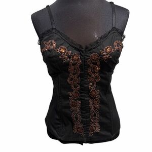 🖤Guess Jeans Marciano Corset Top Lace Sequin Embroidered Y2K Black Gold Medium